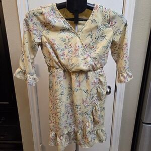 GB Girls Yellow Floral Print Wrap Dress Ruffle Sleeve Hem Belted Kids Size L